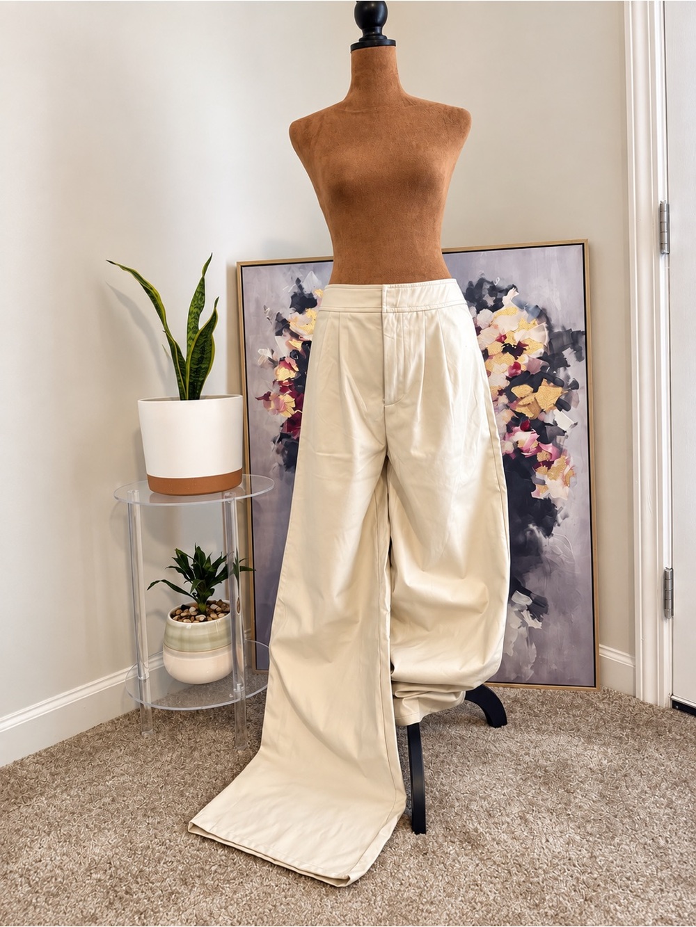 Fashion Nova Going Somewhere Cream Wide-Leg Faux Leather Trousers
